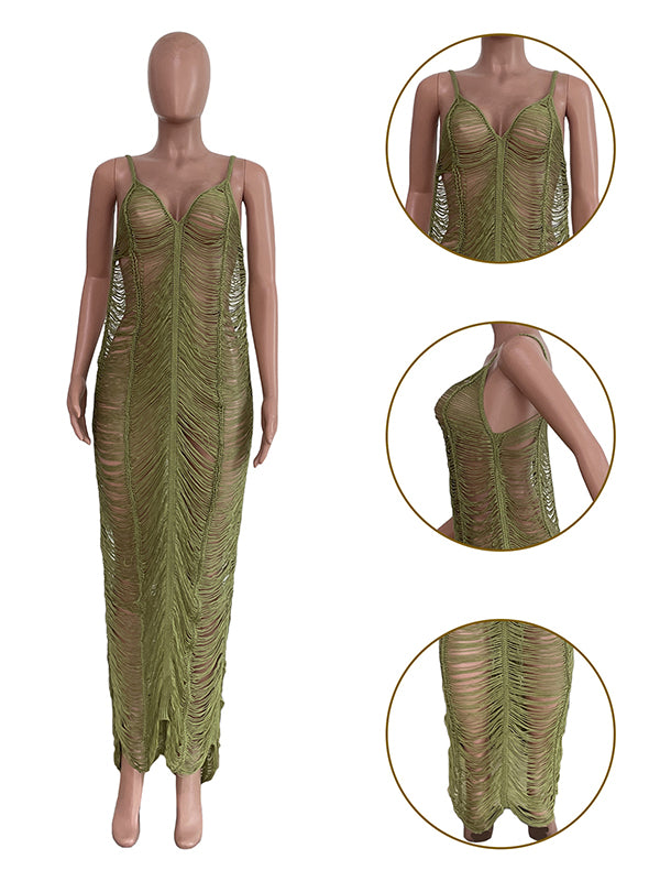 Momnfancy Green Tassel Cutout Transparent Photoshoot Baeach Cover-Ups Maternity Maxi Dress