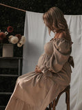 Momnfancy Apricot Flannel Gingham Falbala Ruffle Patchwork Photoshoot Babyshower Maternity Maxi Dress