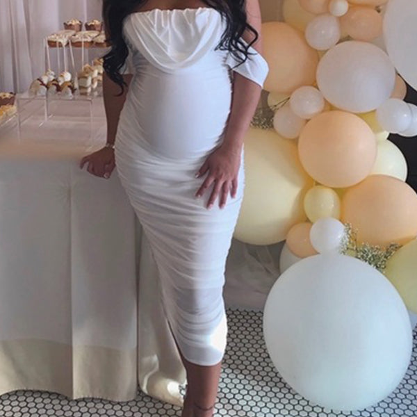 Momnfancy White Off Shoulder Bandeau Ruffle Bodycon Cap Sleeve Cute Baby Shower Maternity Midi Dress