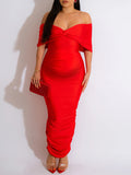 Momnfancy Red Off Shoulder Ruched Bow Fashion Bodycon Baby Shower Party Club Maternity Midi Dress