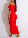 Momnfancy Red Off Shoulder Ruched Bow Fashion Bodycon Baby Shower Party Club Maternity Midi Dress