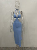Momnfancy Blue Cut Out Backless Side Slit Halter Neck Bodycon Fashion Bodycon Baby Shower Maternity Midi Dress