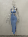 Momnfancy Blue Cut Out Backless Side Slit Halter Neck Bodycon Fashion Bodycon Baby Shower Maternity Midi Dress