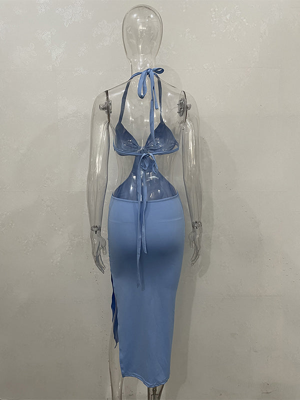 Momnfancy Blue Cut Out Backless Side Slit Halter Neck Bodycon Fashion Bodycon Baby Shower Maternity Midi Dress