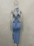 Momnfancy Blue Cut Out Backless Side Slit Halter Neck Bodycon Fashion Bodycon Baby Shower Maternity Midi Dress