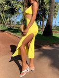 Momnfancy Yellow Cut Out Backless Side Slit Halter Neck Bodycon Fashion Bodycon Baby Shower Maternity Midi Dress
