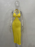 Momnfancy Yellow Cut Out Backless Side Slit Halter Neck Bodycon Fashion Bodycon Baby Shower Maternity Midi Dress