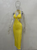 Momnfancy Yellow Cut Out Backless Side Slit Halter Neck Bodycon Fashion Bodycon Baby Shower Maternity Midi Dress