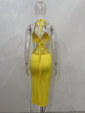 Momnfancy Yellow Cut Out Backless Side Slit Halter Neck Bodycon Fashion Bodycon Baby Shower Maternity Midi Dress
