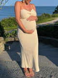Momnfancy Beige Bandeau Twist Bow Back Slit Bodycon Fashion Baby Shower Maternity Maxi Dress