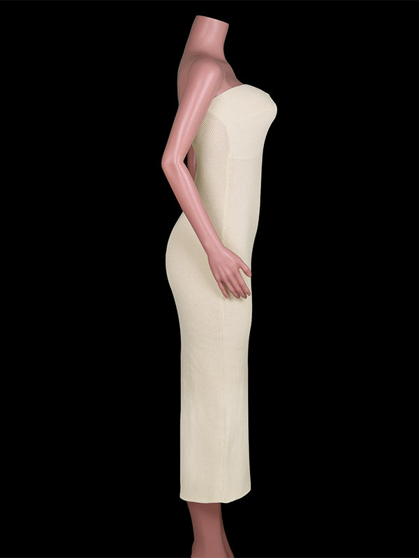 Momnfancy Beige Bandeau Twist Bow Back Slit Bodycon Fashion Baby Shower Maternity Maxi Dress