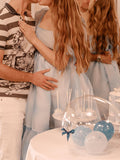 Momnfancy Blue Ruffle Organza Tie Dye Puff Sleeve Baby Shower Maternity Midi Dress