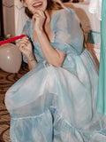 Momnfancy Blue Ruffle Organza Tie Dye Puff Sleeve Baby Shower Maternity Midi Dress