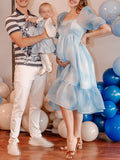 Momnfancy Blue Ruffle Organza Tie Dye Puff Sleeve Baby Shower Maternity Midi Dress