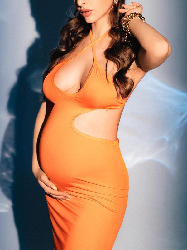 Momnfancy Orange Cut Out Halter Neck Bodycon Fashion Photoshoot Maternity Midi Dress