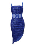 Momnfancy Blue Sequin Side Slit Sparkly Patchwork Mesh Transparent Bodycon Party Maternity Midi Dress