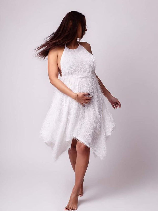 Momnfancy White Falbala Fluffy Irregular Backless Photoshoot Babyshower Maternity Midi Dress