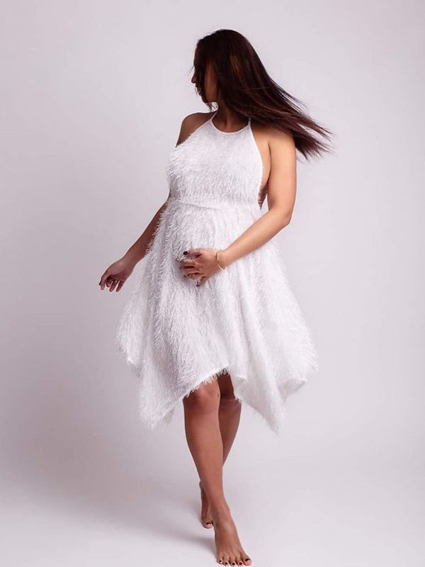 Momnfancy White Falbala Fluffy Irregular Backless Photoshoot Babyshower Maternity Midi Dress