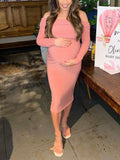 Momnfancy Pink Off Shoulder Bodycon Ruffle Mesh Party Babyshower Maternity Midi Dress