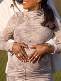 Momnfancy Mesh Tie Dye Ruffle Long Sleeve Bodycon Elegant Baby Shower Maternity Mini Dress