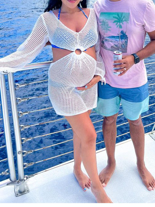 Momnfancy White Cut Out Backless Lantern Sleeve V-Neck Vacation Cover-ups Maternity Mini Dress