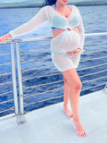 Momnfancy White Cut Out Backless Lantern Sleeve V-Neck Vacation Cover-ups Maternity Mini Dress