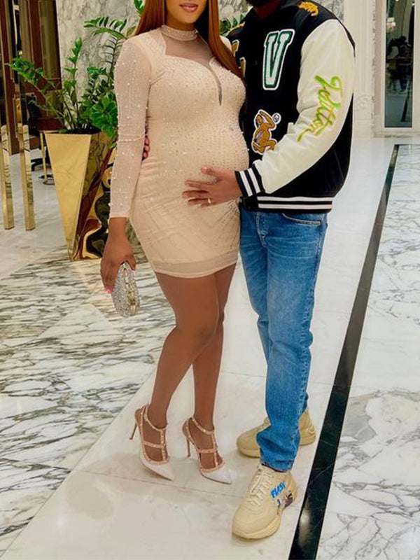 Momnfancy Apricot Rhinestone Diamond Mesh V-Neck Bodycon Going Out  Maternity Mini Dress