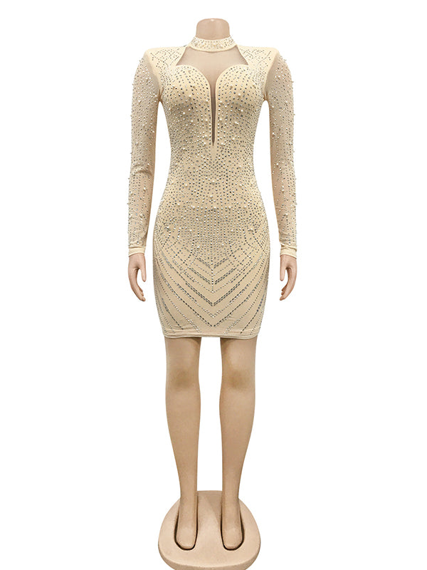 Momnfancy Apricot Rhinestone Diamond Mesh V-Neck Bodycon Going Out  Maternity Mini Dress
