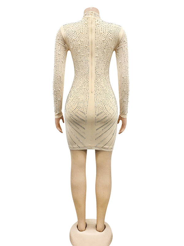 Momnfancy Apricot Rhinestone Diamond Mesh V-Neck Bodycon Going Out  Maternity Mini Dress