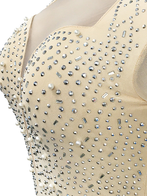 Momnfancy Apricot Rhinestone Diamond Mesh V-Neck Bodycon Going Out  Maternity Mini Dress