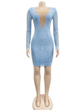 Momnfancy Light Blue Rhinestone Diamond Mesh V-Neck Bodycon Elegant Evening Maternity Baby Shower Mini Dress