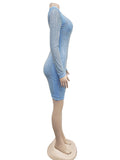 Momnfancy Light Blue Rhinestone Diamond Mesh V-Neck Bodycon Elegant Evening Maternity Baby Shower Mini Dress