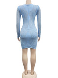 Momnfancy Light Blue Rhinestone Diamond Mesh V-Neck Bodycon Elegant Evening Maternity Baby Shower Mini Dress