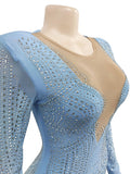 Momnfancy Light Blue Rhinestone Diamond Mesh V-Neck Bodycon Elegant Evening Maternity Baby Shower Mini Dress