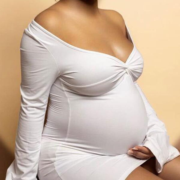 Momnfancy White  High Waist Ruched Flare Sleeve V-Neck Bodycon Cute Baby Shower Maternity Mini Dress