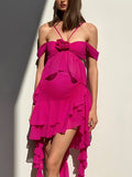Momnfancy Rose Carmine Irregular Ruffle Flower Off Shoulder Cut Out Chic Club Baby Shower Maternity Mini Dress