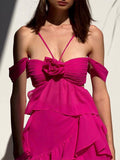 Momnfancy Rose Carmine Irregular Ruffle Flower Off Shoulder Cut Out Chic Club Baby Shower Maternity Mini Dress