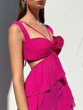 Momnfancy Rose Carmine Irregular Ruffle Flower Off Shoulder Cut Out Chic Club Baby Shower Maternity Mini Dress