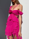 Momnfancy Rose Carmine Irregular Ruffle Flower Off Shoulder Cut Out Chic Club Baby Shower Maternity Mini Dress