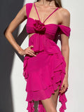Momnfancy Rose Carmine Irregular Ruffle Flower Off Shoulder Cut Out Chic Club Baby Shower Maternity Mini Dress