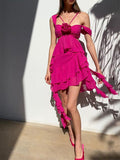 Momnfancy Rose Carmine Irregular Ruffle Flower Off Shoulder Cut Out Chic Club Baby Shower Maternity Mini Dress