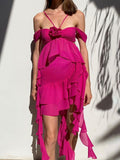 Momnfancy Rose Carmine Irregular Ruffle Flower Off Shoulder Cut Out Chic Club Baby Shower Maternity Mini Dress