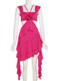 Momnfancy Rose Carmine Irregular Ruffle Flower Off Shoulder Cut Out Chic Club Baby Shower Maternity Mini Dress