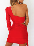 Momnfancy Solid Color Cut Out One Shoulder Irregular Drawstring Bodycon Cute Baby Shower Maternity Mini Dress