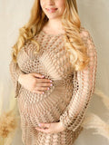 Momnfancy Apricot Crochet Cutout Irregular Flowers Chic Vacation Sand Maternity Photoshoot Mini Dress