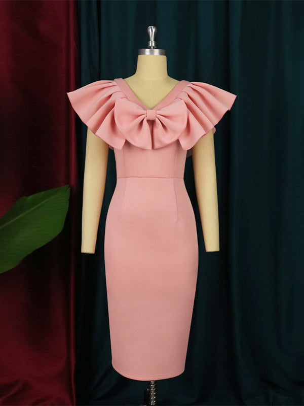 Momnfancy Pink Bow Ruffle V-neck Flutter Sleeve Bodycon Elegant Baby Shower Maternity Mini Dress
