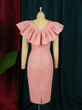 Momnfancy Pink Bow Ruffle V-neck Flutter Sleeve Bodycon Elegant Baby Shower Maternity Mini Dress