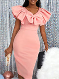 Momnfancy Pink Bow Ruffle V-neck Flutter Sleeve Bodycon Elegant Baby Shower Maternity Mini Dress