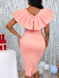 Momnfancy Pink Bow Ruffle V-neck Flutter Sleeve Bodycon Elegant Baby Shower Maternity Mini Dress