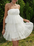 Momnfancy White Sequin Sparkly Layers Of Tulle Mesh Fluffy Grenadine Babyshower Party Maternity Mini Dress